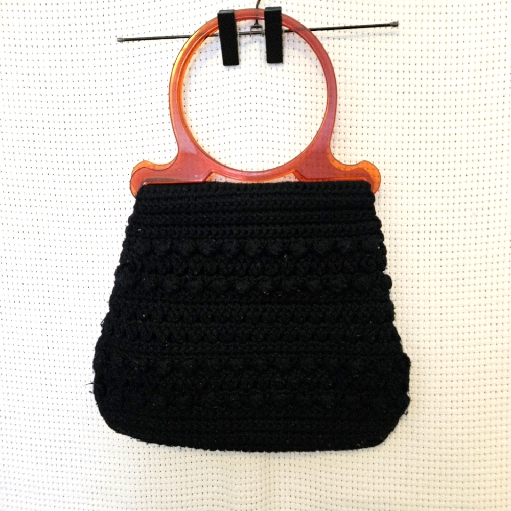 Black Crochet Handbag with Tortoiseshell Handle - Women's Bag
